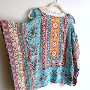 Silk Blouse Cover with Cold Shoulder Colorful Bright Fabric for Cruise Vacations